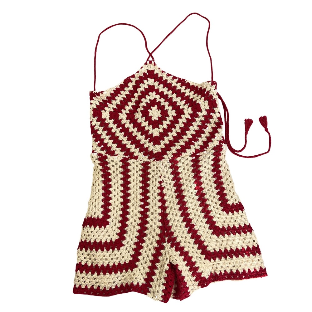 Saylor Veruca Crochet Halter Knit Romper Womens Med Red Cream Boho Festival $286